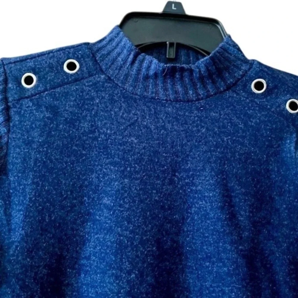 Adrienne Vittadini‎ Navy Mock Neck Asymmetric Sweater Ribbed Sleeves Size S